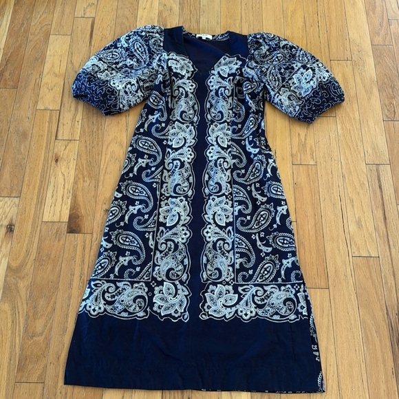 Sea NY | Theodora Paisley Print | Puff Sleeve | Midi Shift Dress in Navy | S - Picture 2 of 6